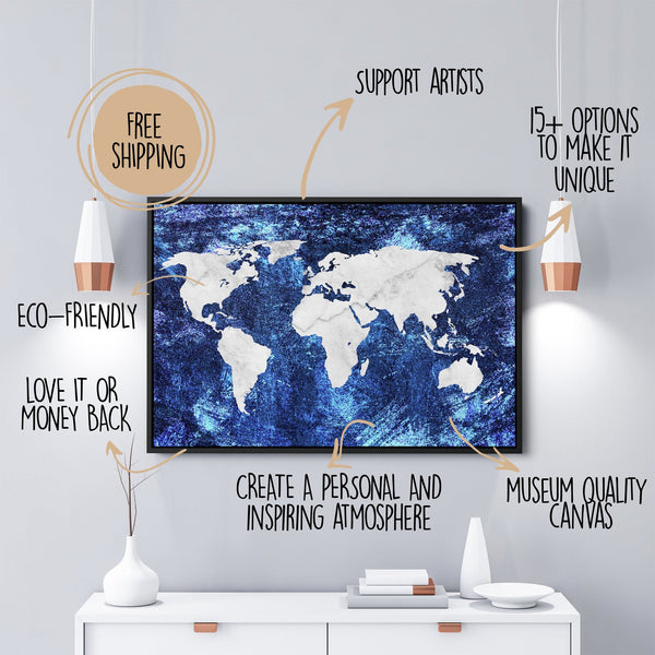 World Map Canvas blue and taupe