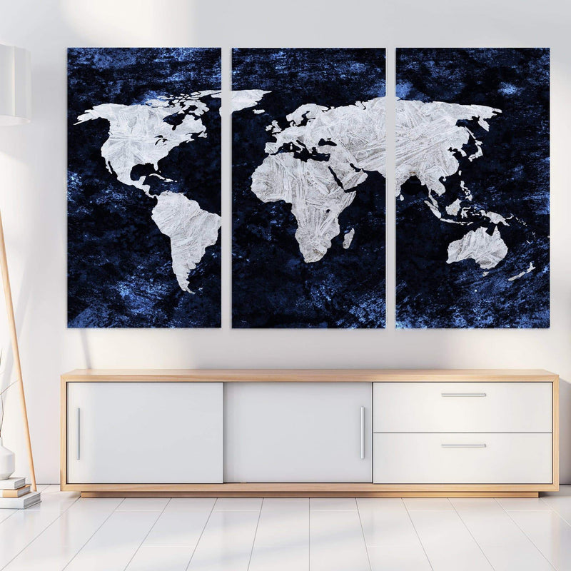 World Map Canvas blue and white