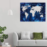 World Map Canvas blue and taupe